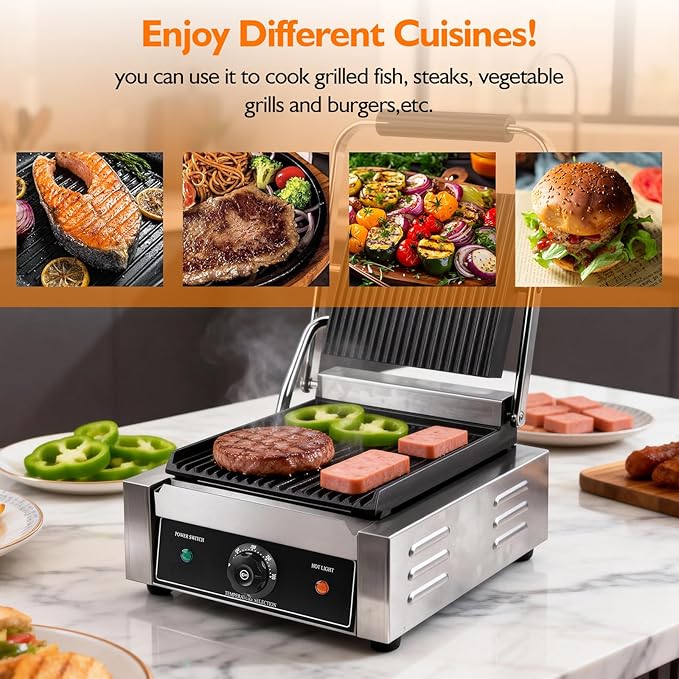 1800W Indoor Electric Grill & Double-Sided Griddle, 50-300°C Adjustable Temperature, 9.1x9.4" Non-Stick Surface for Grilling Steak, BBQ, Sandwiches & Panini, Commercial & Home Kitchen Use