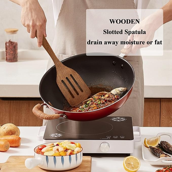 Wooden Spatula for Cooking 12 Inches Wood Spatula Slotted Turner Cooking Utensils for Nonstick Cookware, Kitchen Spatulas for Fish, Eggs, Pancakes, 2 Pack