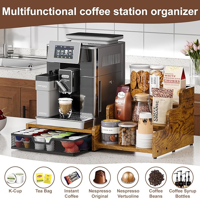 Coffee Station Organizer with K Cup Holder, 28 Pod Capacity,3-Tier Syrup Rack with Coffee Pod Holder Drawer, Coffee Bar organizer Countertop for Accessories,Rustic Brown