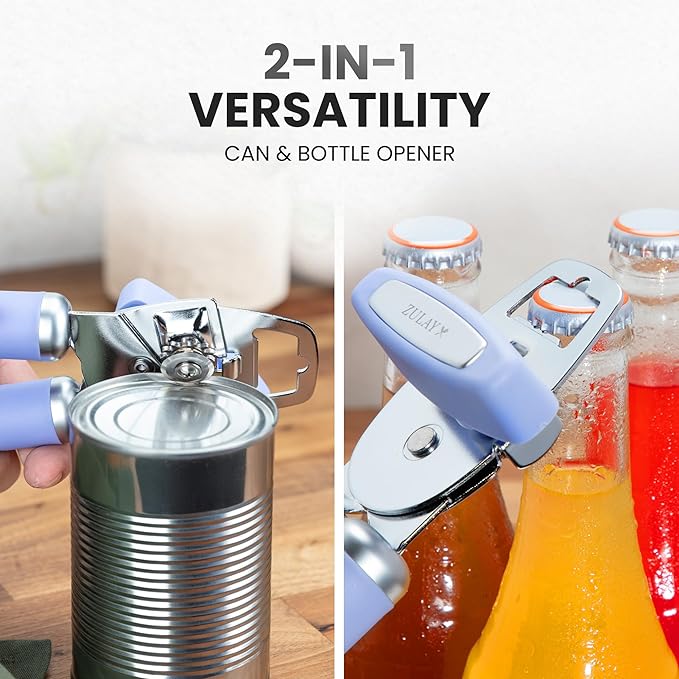 Zulay Kitchen Heavy Duty Stainless Steel Can Opener Manual with Bottle Opener - Rust Proof Manual Can Opener With Turn Knob & Comfy Soft Grip Handles - Periwinkle