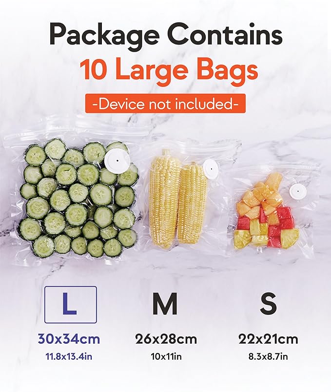 Reusable Vacuum Sealer Bags – 10 Big Food Storage Bags (30x34cm/11.8x13.4in), BPA-Free, Leak-Proof & Odor-Resistant, Compatible with Vacuum Sealer Machines