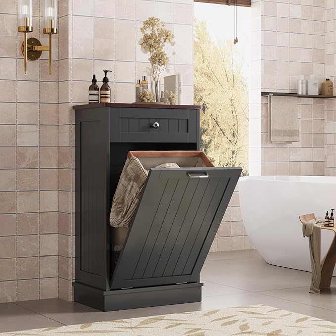 KIGOTY Tilt Out Trash Cabinet,Wooden Kitchen Trash Bin Holder Garbage Bin Recycling Cabinet Laundry Hamper with Solid Wood Countertop and Hideaway Drawer (Black)