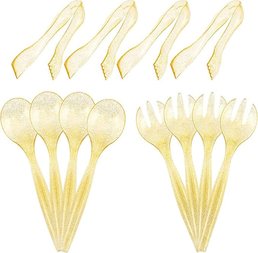 Supernal 72 pcs Plastic Serving Utensils, Gold Plastic Silverware, 24 Serving Spoons 10",24 Serving Forks 10",24 Tongs 6.3", Perfect for Birthday,Party,Wedding