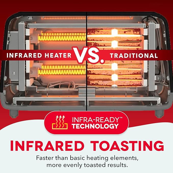 Dash Clear View Toaster - Features Large Window & Extra-Wide Slots - Auto-Shut Off Feature - Bagel Functions, & Seven-Browning Levels - 1-Touch Defrost - Red