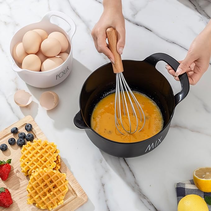 Rae Dunn Non-Slip Mixing Bowls - 4 Piece Nesting Plastic Mixing Bowl Set with Pour Spouts and Handles-Measurement Markings (Black)