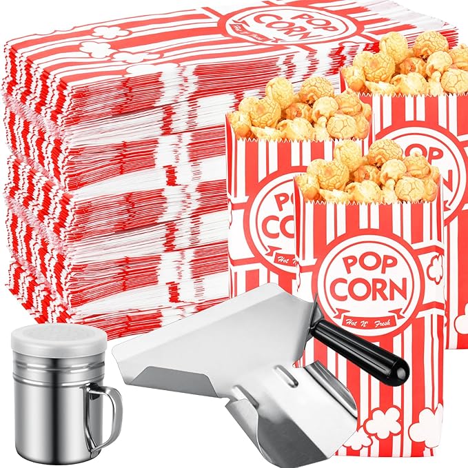 Essenya 202 Pcs Popcorn Bags with Popcorn Scoop and Salt Shaker,1 oz Small Pop Corn Bags Popcorn Bags Individual Servings for Popcorn Machine Supplies Party Movie Night Theater