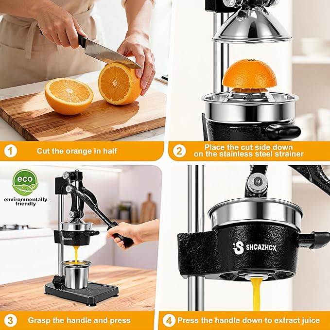 Cast Iron Juicer, Manual Citrus Press, Heavy Duty Hand Press Fruit Squeezer with Stable Base & Maximum Juice Yield for Orange Lemon Lime Pomegranate, Black
