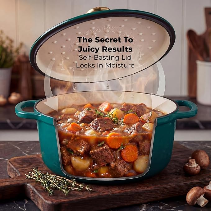 Zulay Kitchen 5 Quart Enameled Cast Iron Dutch Oven Pot with Lid – Premium Durability & Oven Safe up to 500°F – Heavy Duty Cookware Perfect for Bread Baking, Stews, Braising & Roasting – Emerald