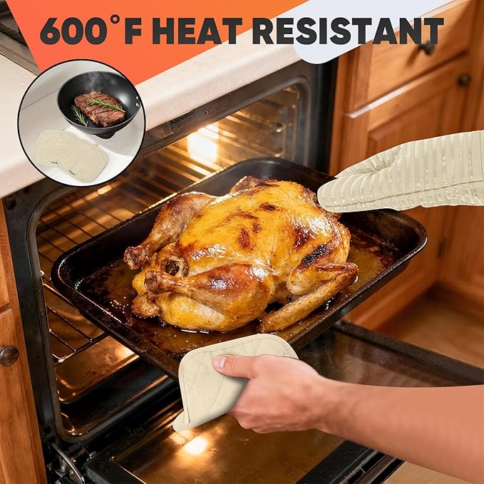 Oven Mitts Kitchen Towels and Dishcloths with Pot Holders Sets, Oven Gloves Hot Pads 500°F Heat Resistant with Silicone Grip, Include 2 Cooking Gloves/2 Potholders/4 Kitchen Towels/4 Dish Towels