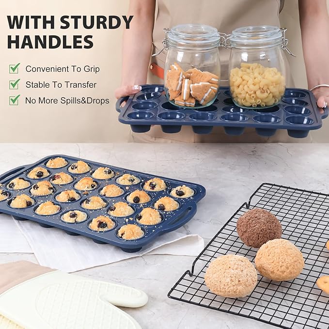 2 Pack Mini Silicone Muffin Pan with Metal Frame, Non Stick Silicone Cupcake Pan with Handles 24 Cup, BPA Free Silicon Muffin Tin Tray Small for baking, egg bites, Cupcake Mold Grey