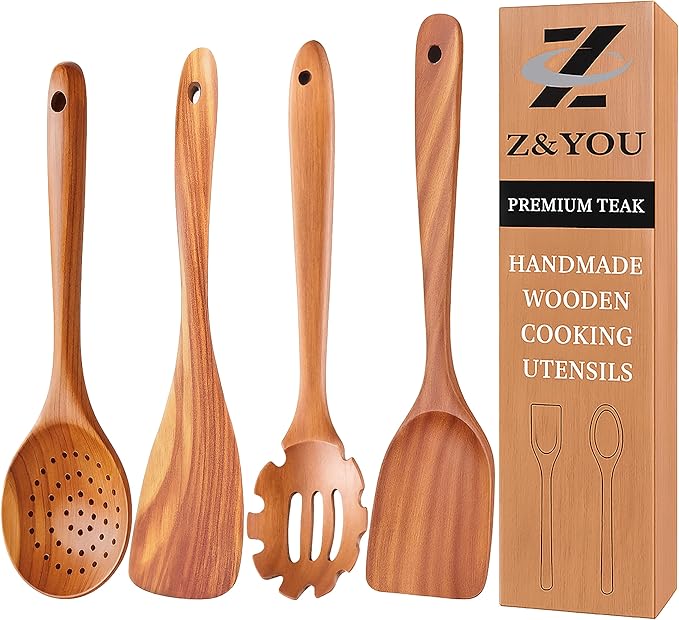 Extra-Large 4-Piece Teak Wooden Utensil Set – Non-Stick Wooden Spatula for Cooking, Skimmer Spoon, & Pasta Spoon – Premium Non Toxic Cooking Utensils