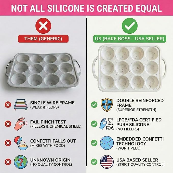 BAKE BOSS 1-Pack - Silicone Muffin Pan for Baking with Metal Reinforced Frame, 12 Cup Regular Size Cupcake Pan, BPA Free -Silicone Muffin Tray, Cupcake Baking Pan Molds for Oven Dishwasher Safe