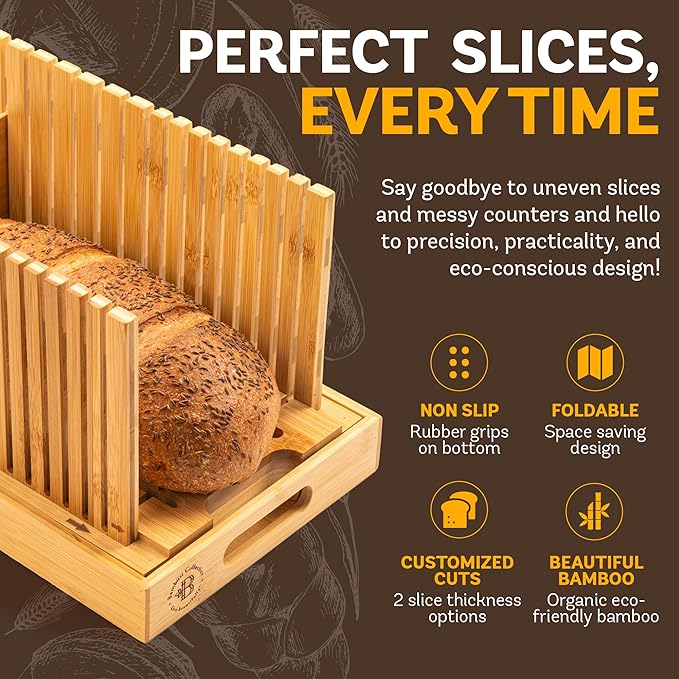 Bread Slicer for Homemade Bread with 10-Inch Serrated Bread Knife – Adjustable Width Bamboo Bread Cutter for Loaves, Bagels, Cakes – Cutting Guide with Crumb Tray