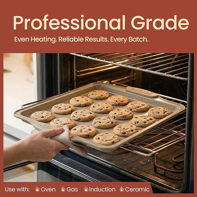 BAKKENMASTER Deluxe 8-Piece Carbon Steel Bakeware Set - Nonstick White Marble Coating, Silicone Handles - Professional Quality Kitchen Oven Baking Pans