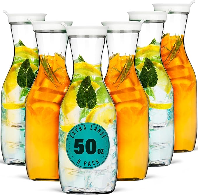 DecorRack 6 Large Water Carafes, Bottles with Flip Top Lid, 50 Oz Each, BPA Free- Plastic Juice Pitcher, Decanter, Jug, Serve Fridge Cold Iced Tea, for Outdoors, Picnic, Parties, NOT DISHWASHER SAFE