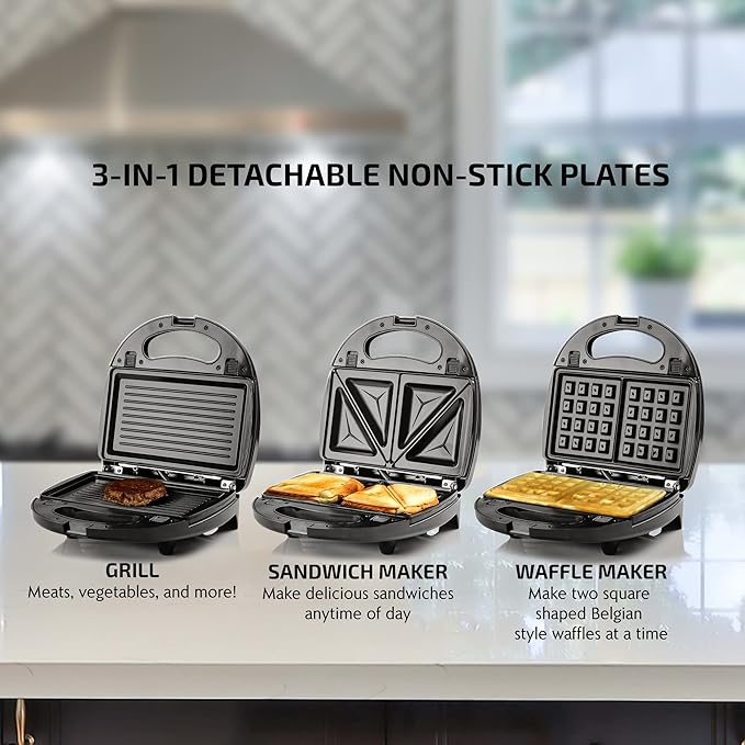 OVENTE Electric Sandwich Maker, Panini Press & Waffle Iron Set with Immersion Hand Blender, Food Chopper & Mixing Beaker, Black