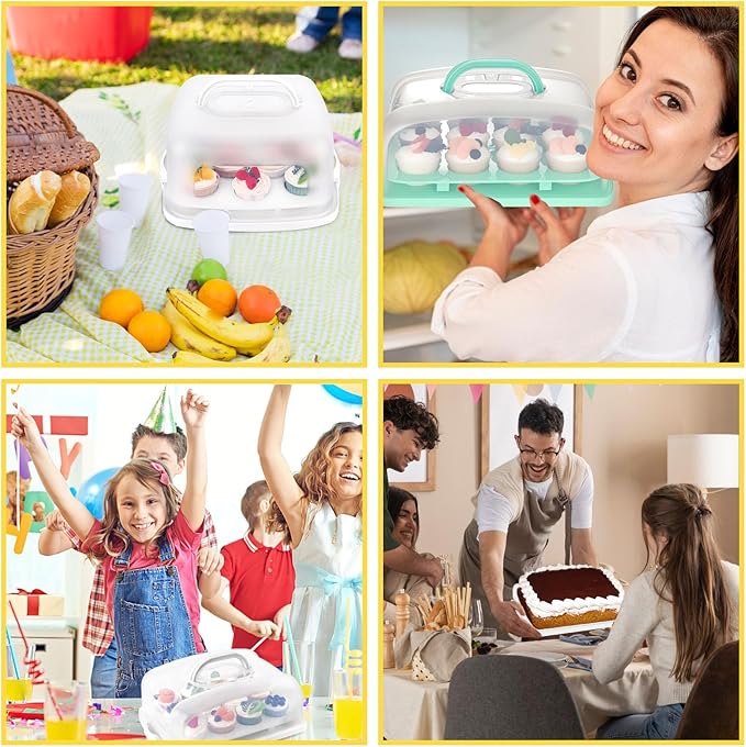 VGOODALL Cake Carrier, 12 Capacity Large Cupcake Holder, 3-in-1 Rectangular Cake Containers for Pies Muffin Candies Fruits Snacks, Dessert Storage Box for Parties, Picnics, Baking(14×10.8×5)