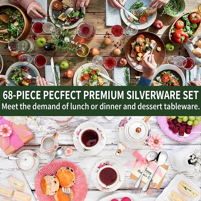 68 Pieces Silverware Set with Serving Utensils Set, CEKEE Stainless Steel Flatware Set for 12, Heavy Duty Cutlery Set, Kitchen Utensil Sets for Home Restaurant, Mirror Finish, Dishwasher Safe