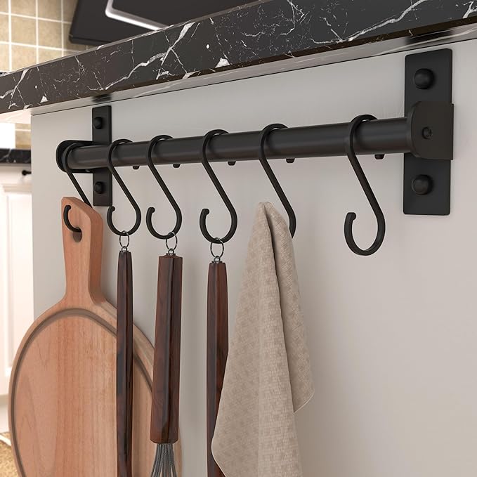 Dseap Kitchen Utensil Holder Hanger, Pot and Pan Rack Wall Mounted, Kitchen Rail with 8 Hooks for Hanging Cooking Utensils, Mugs, Spoons, Wall Mounted, Black, Pack of 2