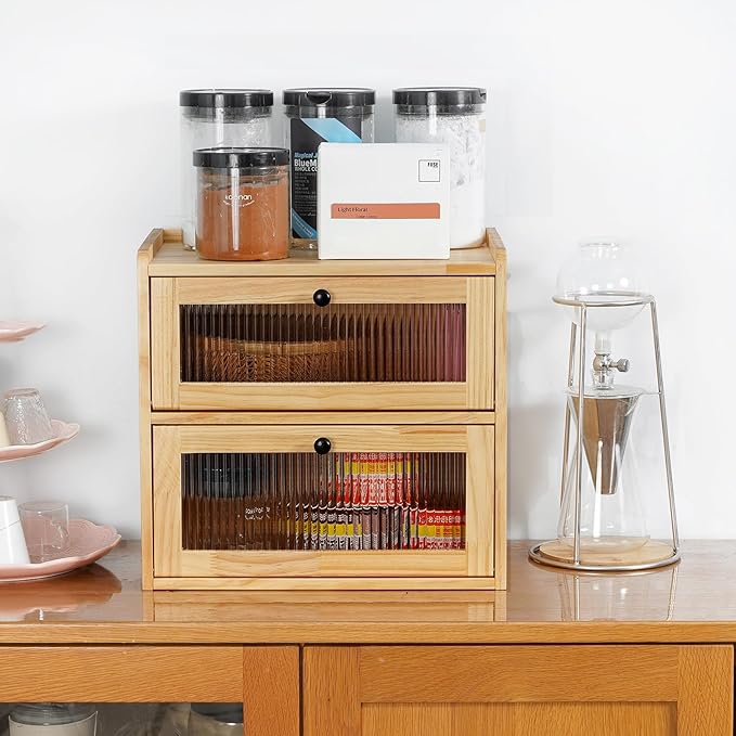 Sunhoo Bread Box for Kitchen Countertop Wooden Bread Storage Container Bin 2 Layer Breadbox Holder Large Capacity Keeper Vintage Farmhouse Food Organizer Pantry Shelf Acrylic Window（Wood color）