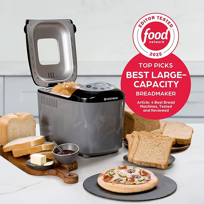 West Bend Hi-Rise Bread Maker Machine Programmable 12 Programs Including Gluten Free & 3 Loaf Sizes and Crust Colors with Traditionally-Shaped Horizontal Bread Pan with Dual Knead Blades, 3-Lb, Gray