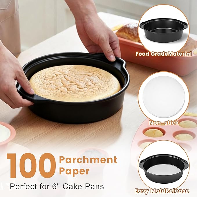 BEWOS 6 Inch Cake Pan Set - 3 Pcs Carbon Steel Round Cake Pans with 100 Pcs Parchment Paper, Round Cake Pans, Nonstick Baking Pans Set with Handle, Dishwasher Safe