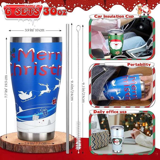 Mifoci 6 Pcs Christmas Tumblers 30oz Stainless Steel Christmas Travel Coffee Cup Double Insulated Vacuum Tumbler with Lid Straw Santa Claus Holiday Mug Gifts for Coworker Team Teacher (Cute)
