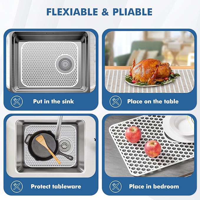 Bestjing 2 Pack Silicone Sink Protectors for Kitchen Sink with Rear Drain, 13.58''x 11.6'' Non-Slip Heat Resistant Mat Grid for Bottom of Stainless Steel Porcelain, Dishwasher Safe (White)