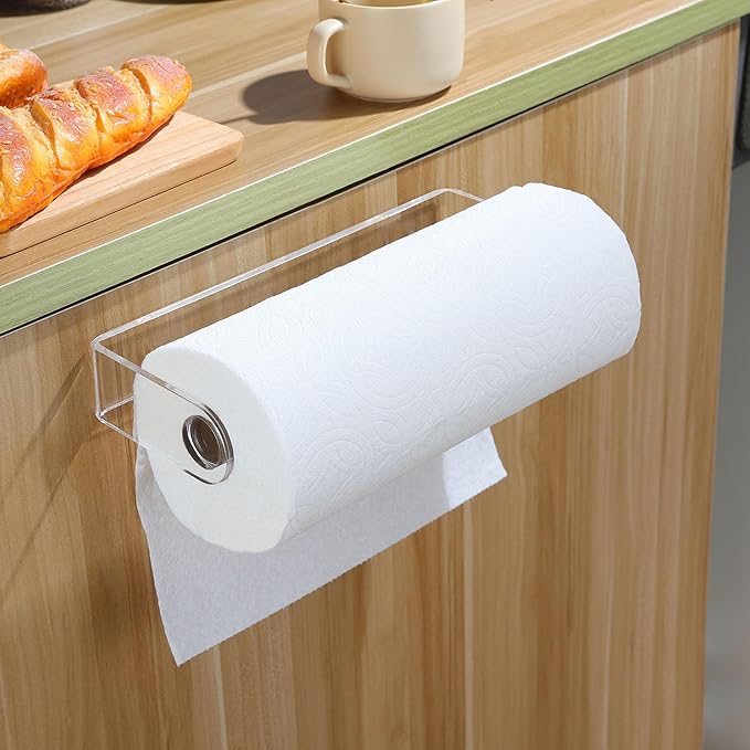 ZUNTO Acrylic Paper Towel Holder - Adhesive Paper Towel Roll Holder Under Cabinet, Clear Plastic Wall Mounted Paper Towel Rack for Kitchen, Frees up Counter Space