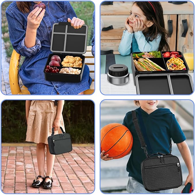 Kids Bento Lunch Box with Thermos, Leakproof Toddler Bento Box with 9 OZ Insulated Food Jar, Lunch Bag & Utensils 3 or 4 Compartment Container for School Girls Boys