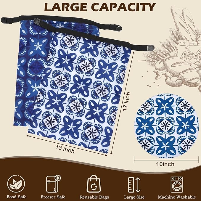 2 Pack Reusable Bread Bags for Homemade Bread, 17"×13" Sourdough Bread Storage Bags with Bowl Cover - Keep Loaf Fresh and Easy to Wash(Blue Gemstone Floral)