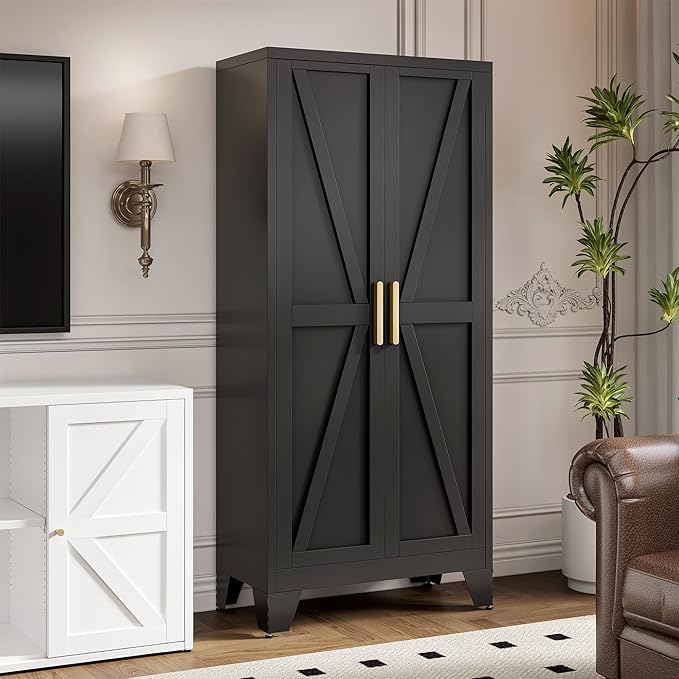 61" Tall Metal Storage Cabinet with 2 Doors and 3 Adjustable Shelves, 4-Tier Kitchen Pantry Storage Cabinet for Kitchen, Living Room, Dining Room and Office, Black