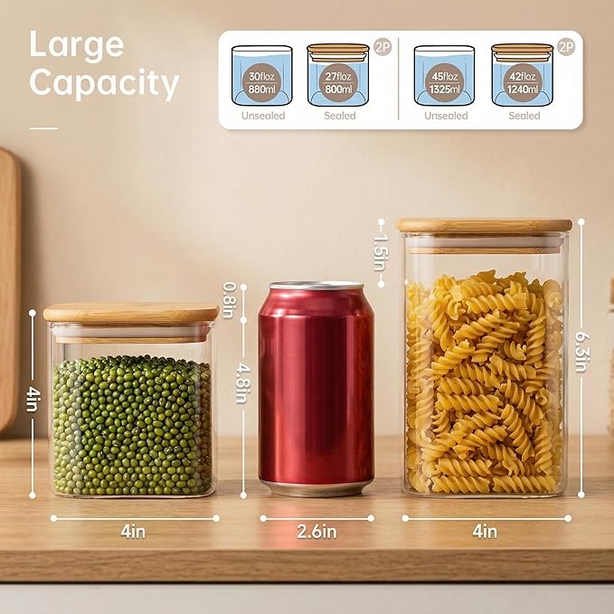 42oz & 27oz - 4 Pack Square Glass Jars with Bamboo Lids, Glass Food Storage Containers with Airtight Lids for Kitchen, Air Tight Pantry Storage Containers for Cereal, Pasta, Rice, Sugar, Coffee, Spice
