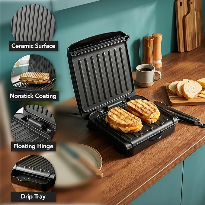 OVENTE 2-Serving Electric Indoor Grill & Panini Press with Easy Clean Non-Stick Plate Coating, Opens 180 Degrees, 8.15" x 7.4" Space Saving Design, 750W Contact Grill for Burgers & More, Black GP222B