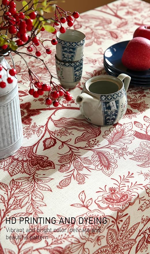 ISAENNE Designer French Linen Long Rectangle Tablecloth,Red Floral Washable Indoor Table Cloth,Durable Home Decor Tablecloths for Dining Thanksgiving Kitchen Party Christmas,63"*94"-Ruyi A