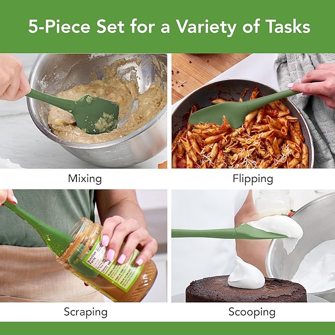 Tovolo Flex Core 5 Piece Silicone Spatula Set Heat Resistant All Silicone Utensils Include Non Stick Spatula Spoonula Jar Scraper, Dishwasher Safe BPA Free Spatulas for Baking Mixing, Pesto Green