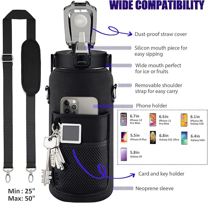 Half Gallon Water Bottle with Sleeve, 64OZ Motivational Water Bottle with Straw & Time Marker, BPA Free Leakproof Large Sports Water Bottle, Reusable Water Jug for Workout Gym Sport