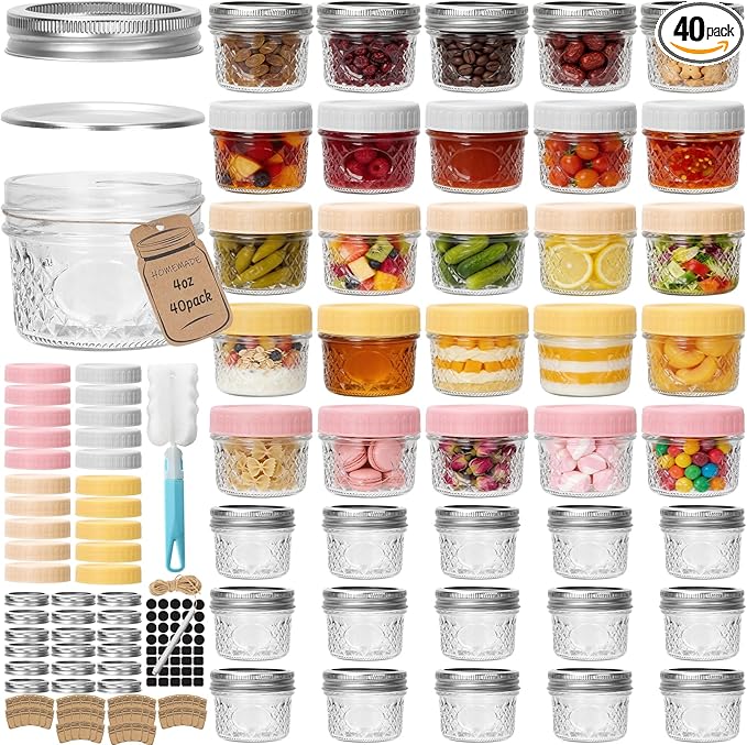 CycleMore 4oz Mason Jars, 40 Pack Small Glass Jar With Silver Separable Lids & Colorful Plastic Lids, Mini Canning Jars for Honey, Jam, Jelly, Wedding Favors, Kitchen Food Storage