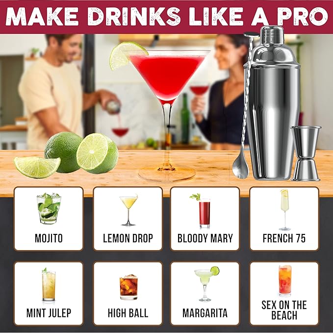 Cresimo 24oz Cocktail Shaker Set with Bar Accessories for Home Bar - Martini Shaker with Jigger and Drink Mixer Spoon - Alcohol Bartender Gift - Bartending Kit Essential for Home
