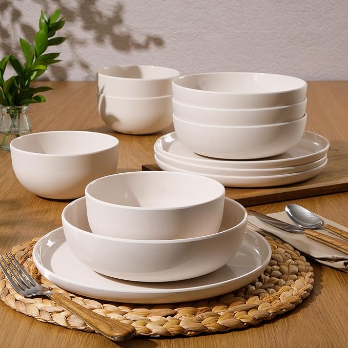 Gibson Home Candy Skies 12 Piece Unbreakable Wheat Straw Melamine Plates and Bowls Dinnerware Set - Outdoor, Camping, & Everyday Use - Matte Exterior/Shiny Interior Taupe Cream