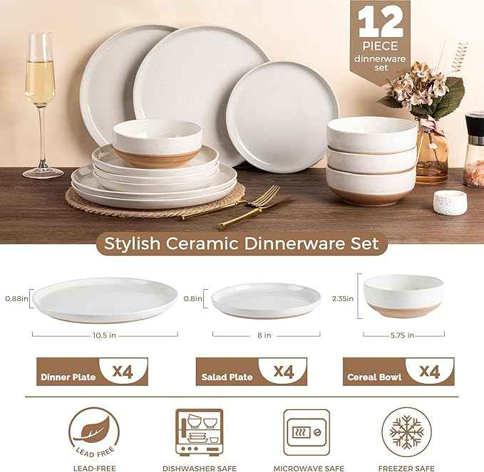 AmorArc Ceramic Dinnerware Sets, Handpainted Plates and Bowls Set with Rustic Terracotta Underside, Scratch Resistant Stoneware Dishes Set, Dishwasher & Microwave Safe