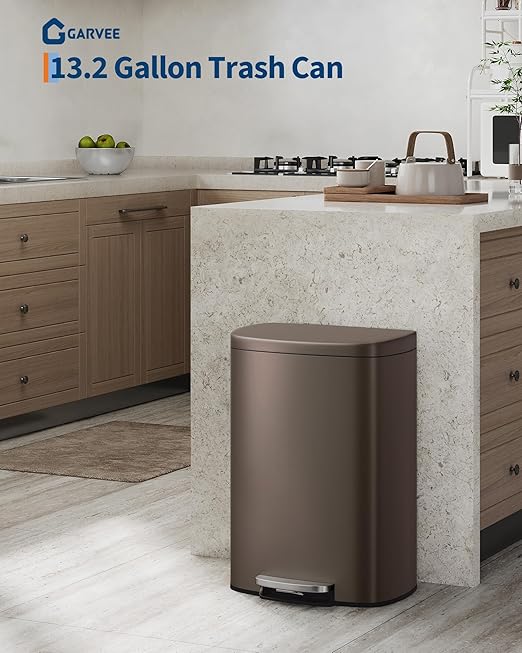 Garvee 13 gal / 50 L Metal Kitchen Trash Can with Lid, Large Rustproof Garbage Can for Kitchen, Step-on Trash Bin with Inner Bucket, Rear Handle, Soft Close Lid, Brown