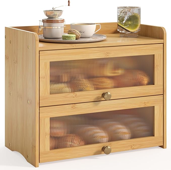 JANSNIMEN Large Bread Box for Kitchen Countertop Wooden Double Layer Breadbox Organizer with Window Vintage Farmhouse Bread Storage Container for Homemade Bread (Natural Bamboo)