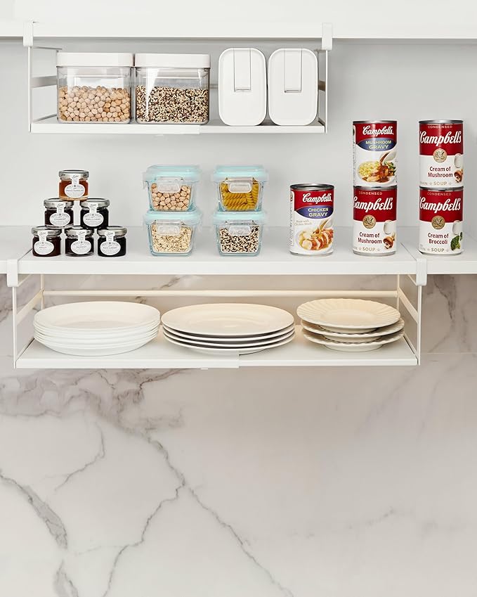 Under Shelf Storage Basket, 2 Pack Heavy-Duty Hanging Baskets Under Cabinet Shelf Organizer, Add-on Space Saver Kitchen, Pantry, Laundry Room, Slide-in White Shallow Depth