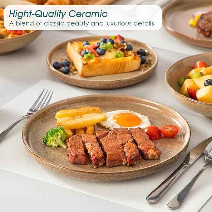 vancasso ANYA 24 Pieces Plates and Bowls Set, Caramel Dinnerware Sets, Reactive Glaze Dishes Set for 6, Ceramic Dishware Sets Kitchen Dinner Set, Microwave & Dishwasher Safe