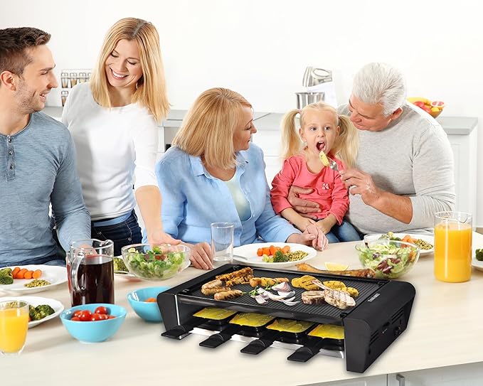 TAMARIT Raclette Table Grill for 8, 2 in 1 Small Swiss Style PFAS-No Nonstick Reversible Grill/Griddle Plate Adjustable Temperature Control 1300 W, 8 Raclette Cheese Pans Black