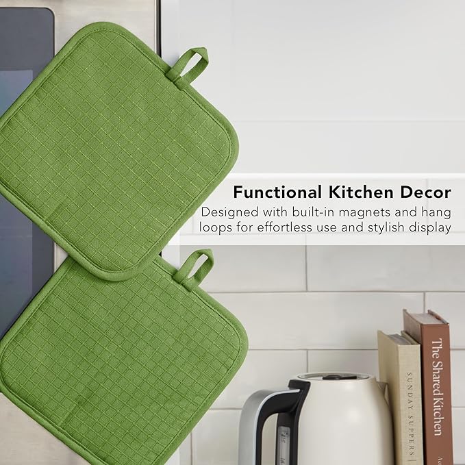 KITCHENAID Gourmet Series Gridlines Pot Holders 2-Pack Set, Heat Resistant up to 600°F, Soft Silicone Grip, Magnetic Cuff, Matcha Green, 8"x8"