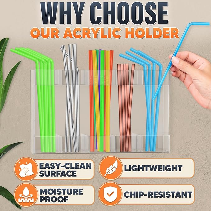9.5" Large Acrylic Straw Holder for Cabinet Door with Stickers – Peel and Stick Straw Holder for Drawer, for Straws, Makeup Brushes, Kitchen Utensils – Includes Strong Adhesive Tape for Easy Mounting