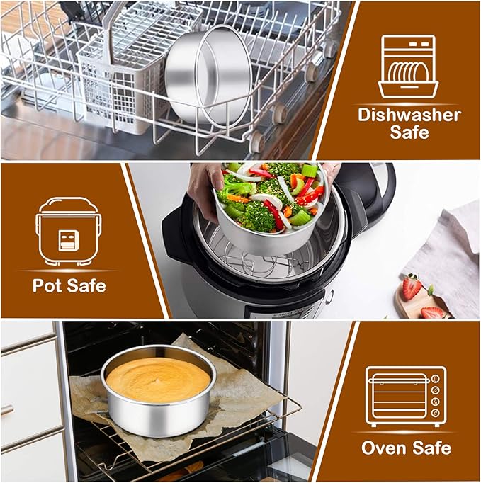 P&P CHEF 6 Inch Cake Pans Set, Round Baking Pan Stainless Steel Layer Birthday Wedding Cake Oven Pans, Non Toxic & Heavy Duty, Deep Side & Mirror Finish, Dishwasher Safe, (4Pcs)
