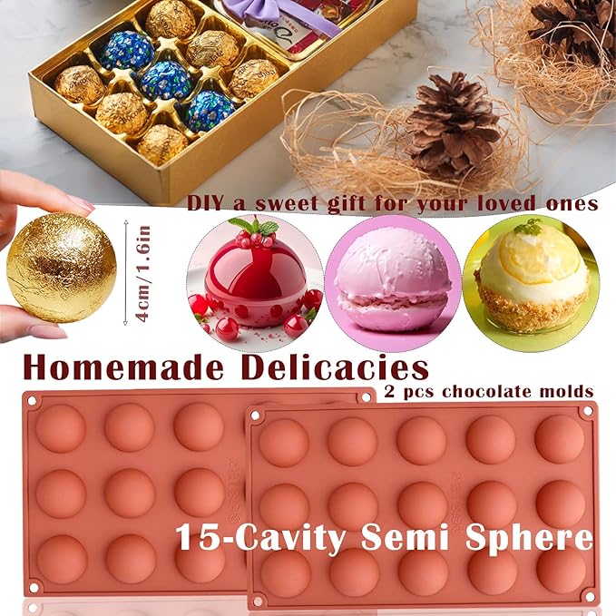 2 Pcs Chocolate Molds, 15-Cavity Semi-Sphere Non-Stick Silicone Chocolate Mold, Small Baking Baking Molds for Making Chocolate, Cake, Jelly, Mousse, Ideal Homemade Food Grade BPA Free Silicone Mold